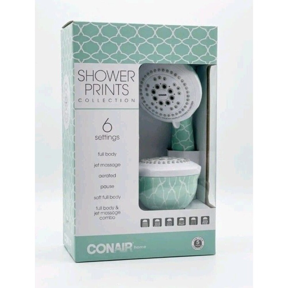 NIB Conair Home Shower Prints Combination Showerhead Set 6 Settings Mint Green